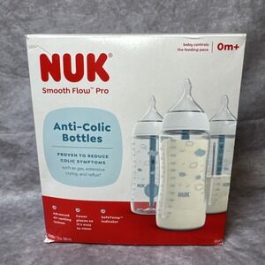 NUK Smooth Flow Anti Colic Baby Bottle,Clouds/Birds, Neutral 10oz (PK of 3) NIB
